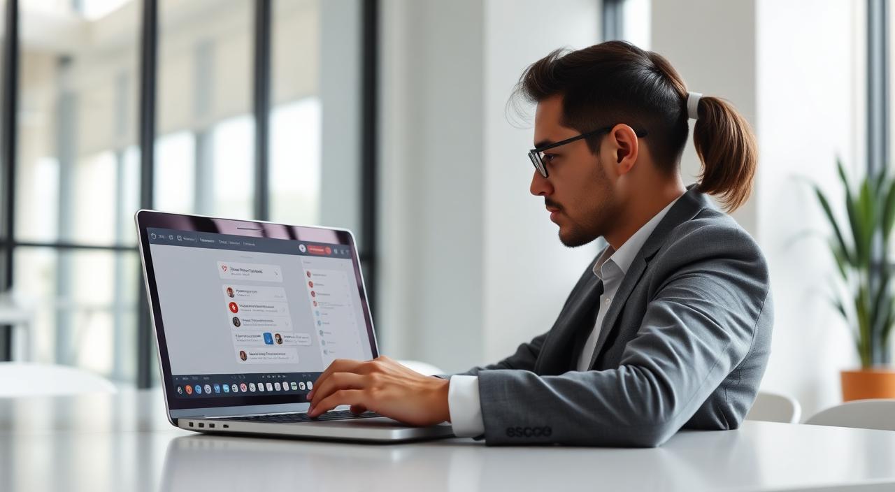 Profesional usando ChatGPT en un portátil en una oficina moderna