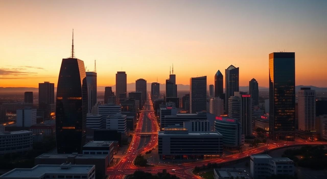 Skyline de una ciudad española al atardecer simbolizando la transformación digital